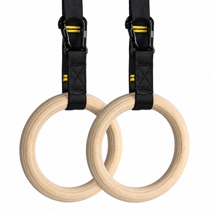 Flow Wooden Gymnastics Rings – Adjustable Straps & Carabiners | Calisthenics & Bodyweight Training